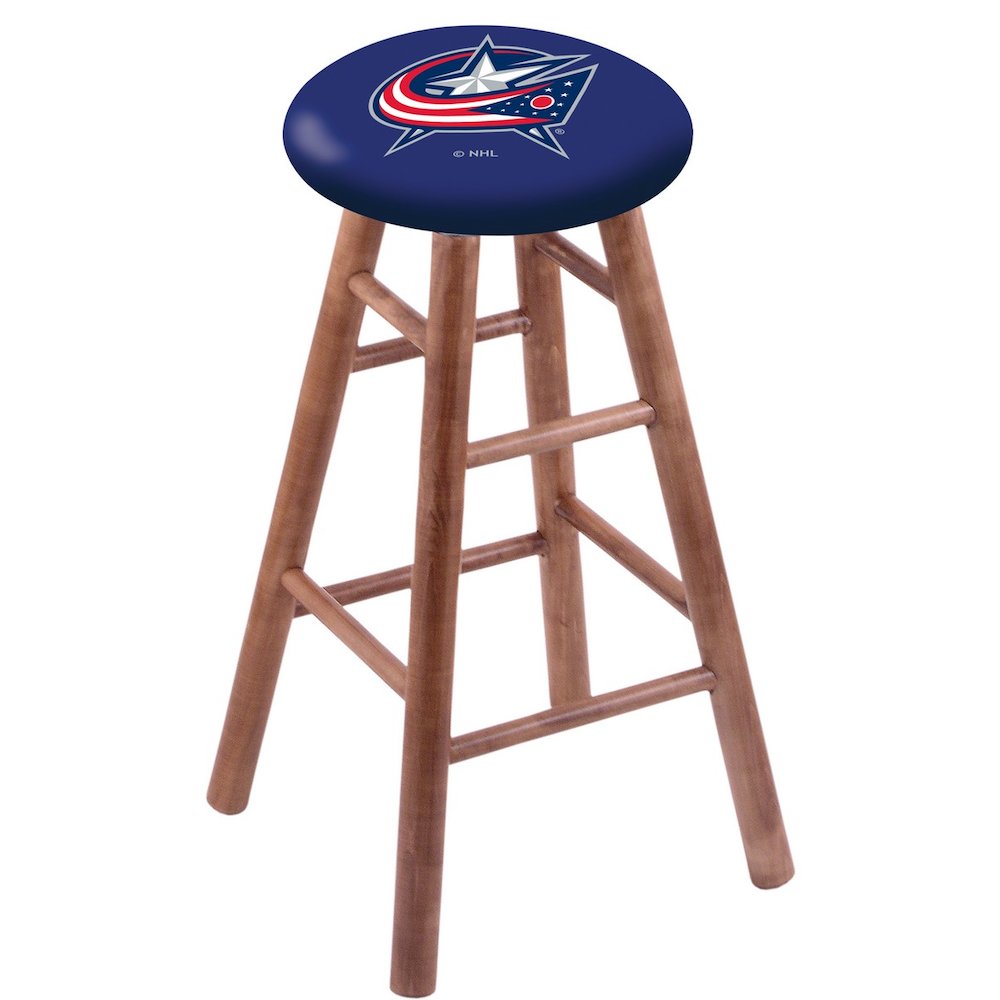 Maple Bar Stool in Medium Finish with Columbus Blue Jackets Seat. The main picture.
