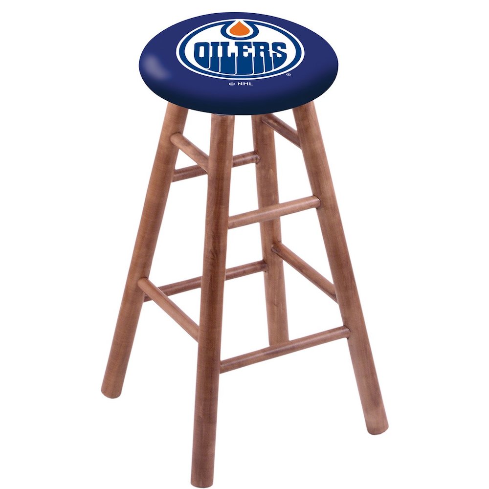 Maple Bar Stool in Medium Finish with Edmonton Oilers Seat. The main picture.