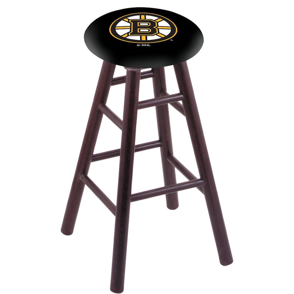 Oak Extra Tall Bar Stool in Dark Cherry Finish with Boston Bruins Seat. The main picture.