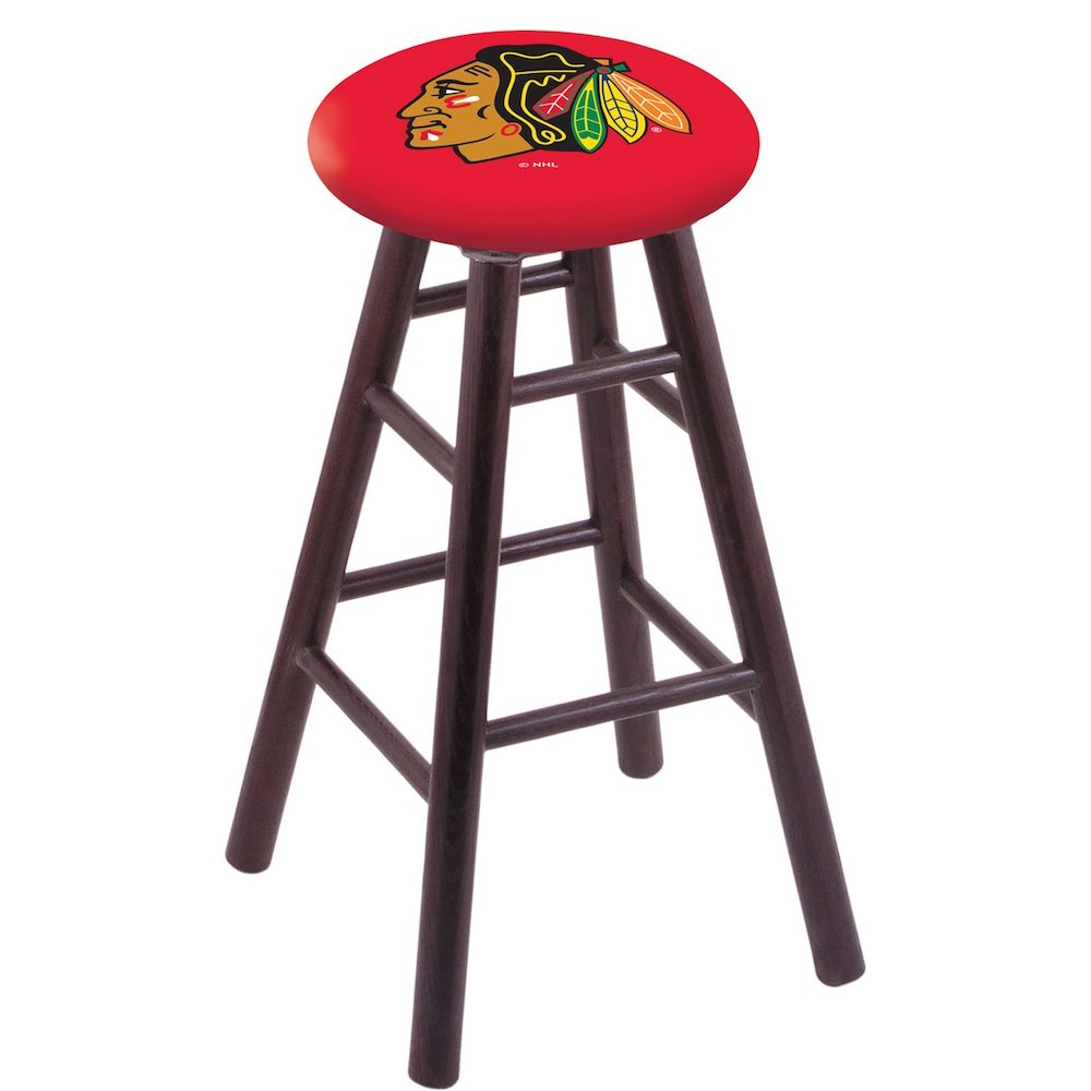 Oak Bar Stool in Dark Cherry Finish with Chicago Blackhawks Seat. The main picture.