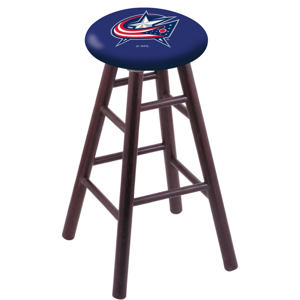 Oak Extra Tall Bar Stool in Dark Cherry Finish with Columbus Blue Jackets Seat. Picture 1