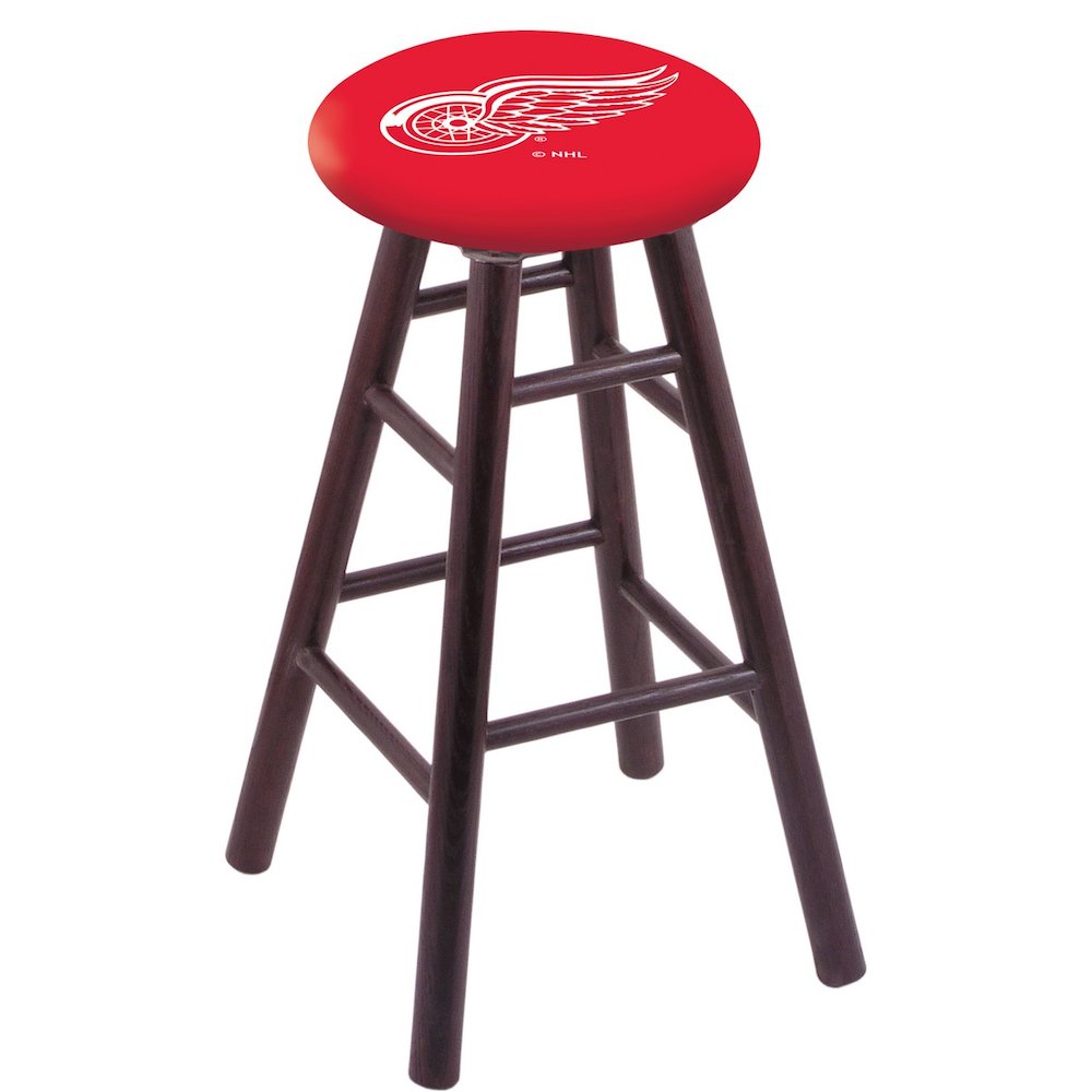 Oak Bar Stool in Dark Cherry Finish with Detroit Red Wings Seat. Picture 1
