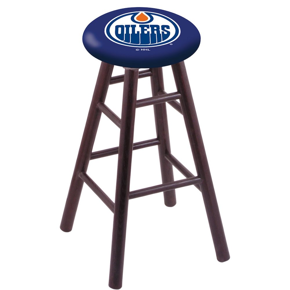 Oak Extra Tall Bar Stool in Dark Cherry Finish with Edmonton Oilers Seat. Picture 1