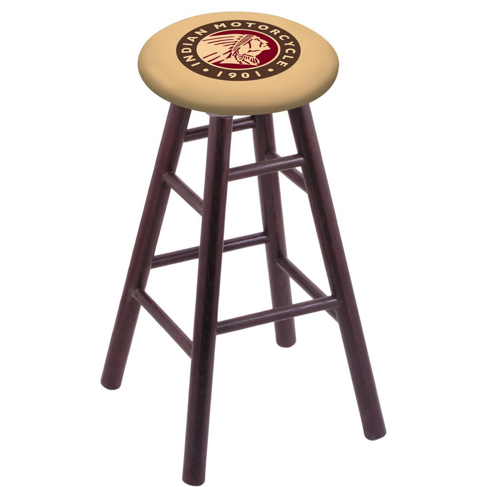 Oak Counter Stool in Dark Cherry Finish with Indian Motorcycle Seat. Picture 1