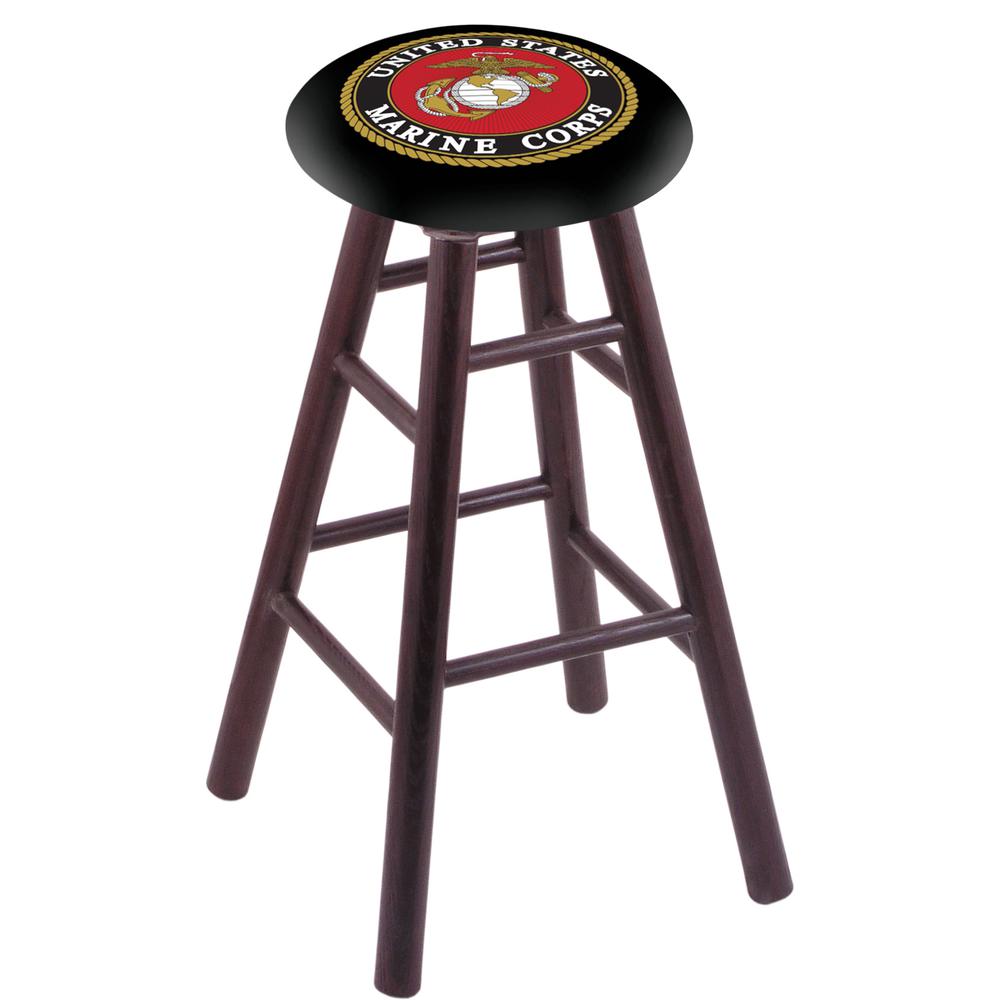 Oak Extra Tall Bar Stool in Dark Cherry Finish with U.S. Marines Seat. Picture 1