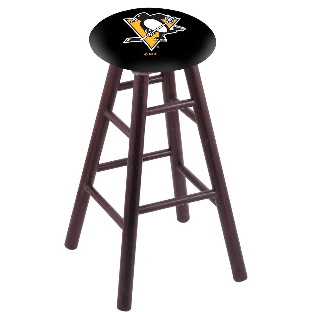Oak Extra Tall Bar Stool in Dark Cherry Finish with Pittsburgh Penguins Seat. Picture 1