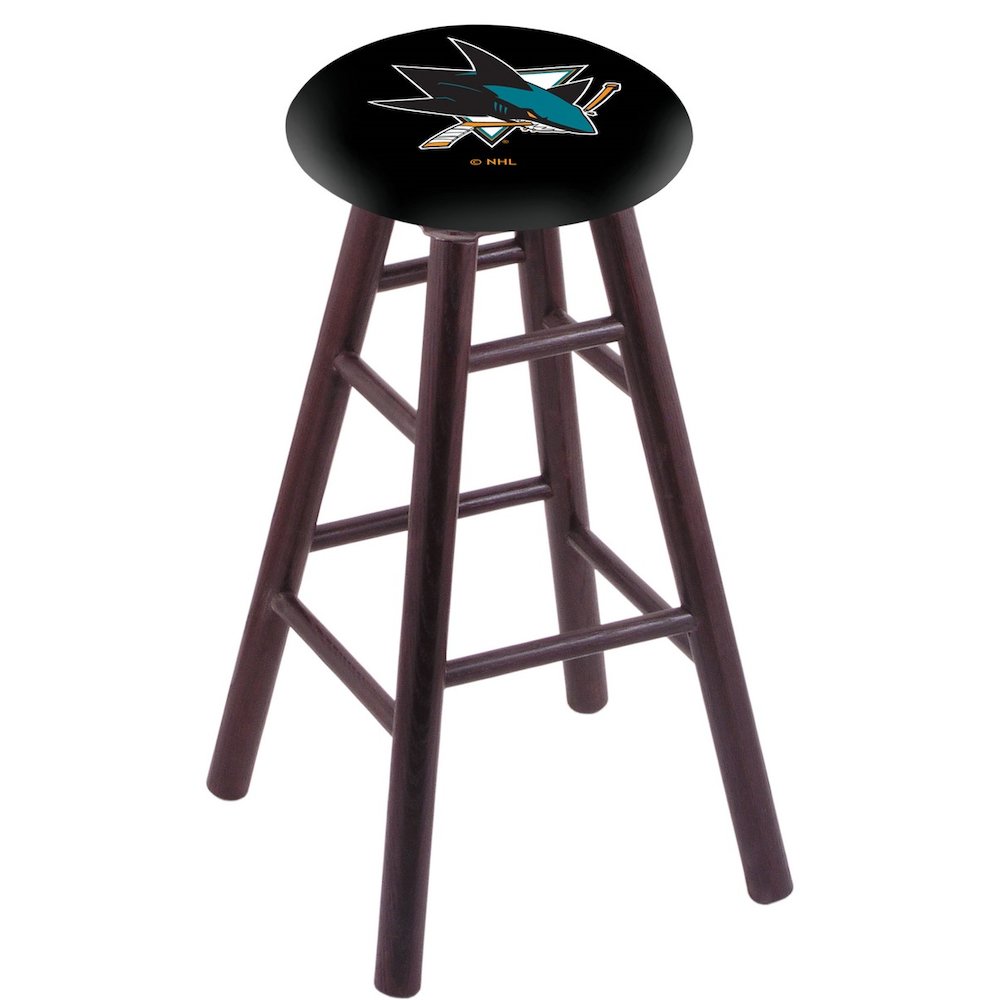 Oak Counter Stool in Dark Cherry Finish with San Jose Sharks Seat. Picture 1