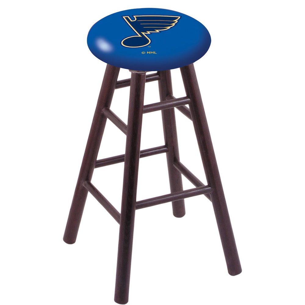 Oak Bar Stool in Dark Cherry Finish with St Louis Blues Seat. Picture 1