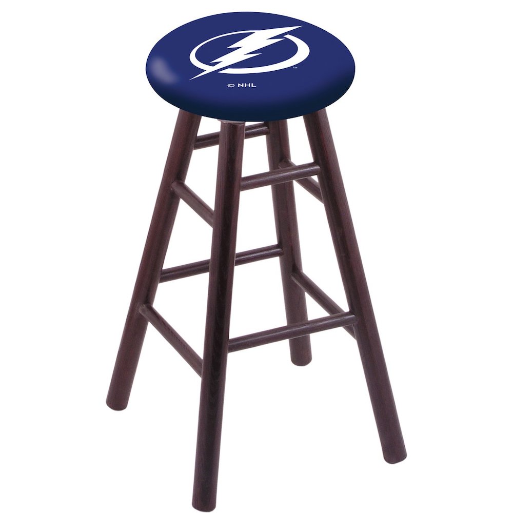 Oak Counter Stool in Dark Cherry Finish with Tampa Bay Lightning Seat. Picture 1
