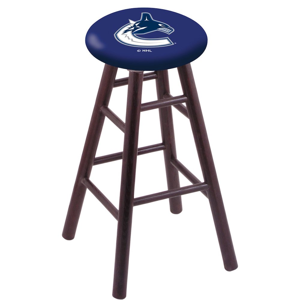 Oak Counter Stool in Dark Cherry Finish with Vancouver Canucks Seat. Picture 1