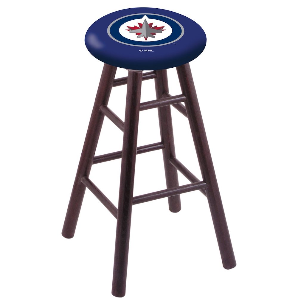 Oak Extra Tall Bar Stool in Dark Cherry Finish with Winnipeg Jets Seat. Picture 1