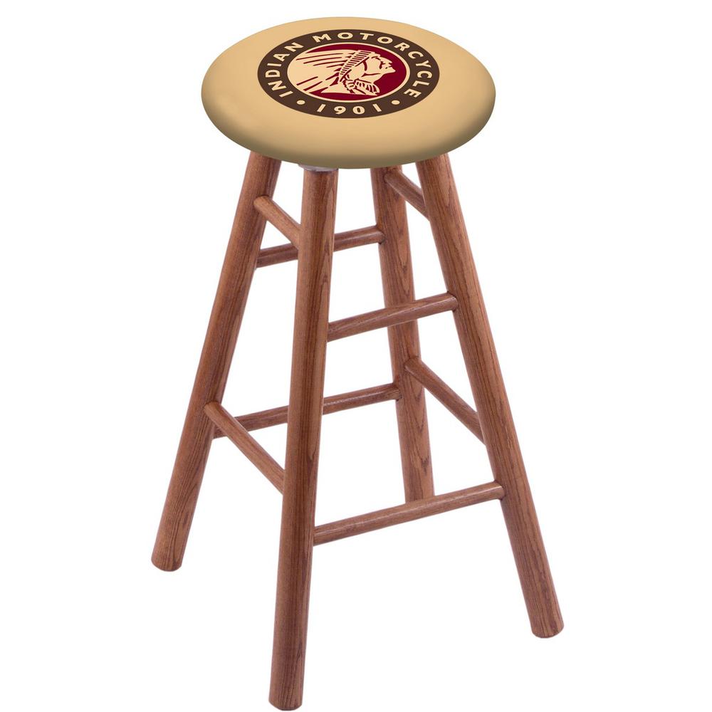 Oak Extra Tall Bar Stool in Medium Finish with Indian Motorcycle Seat. Picture 1