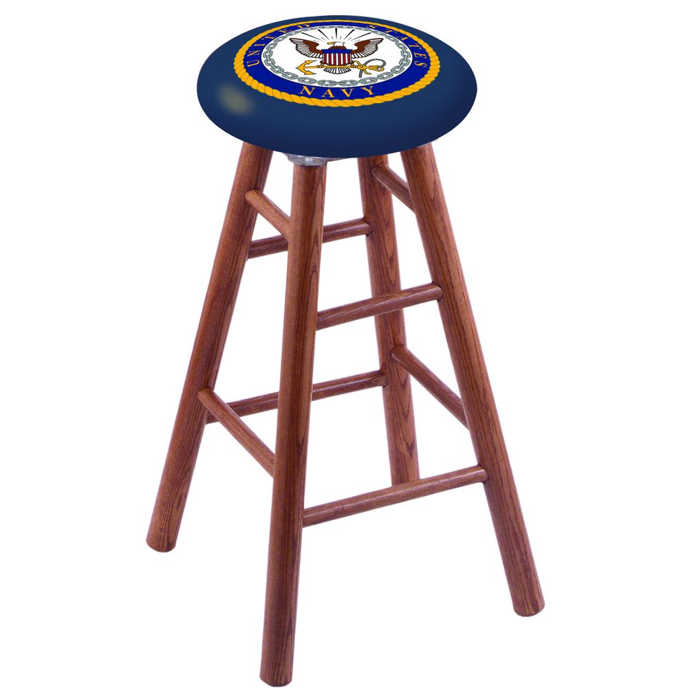Oak Extra Tall Bar Stool in Medium Finish with U.S. Navy Seat. Picture 1