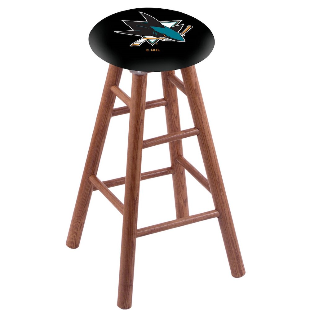 Oak Extra Tall Bar Stool in Medium Finish with San Jose Sharks Seat. The main picture.