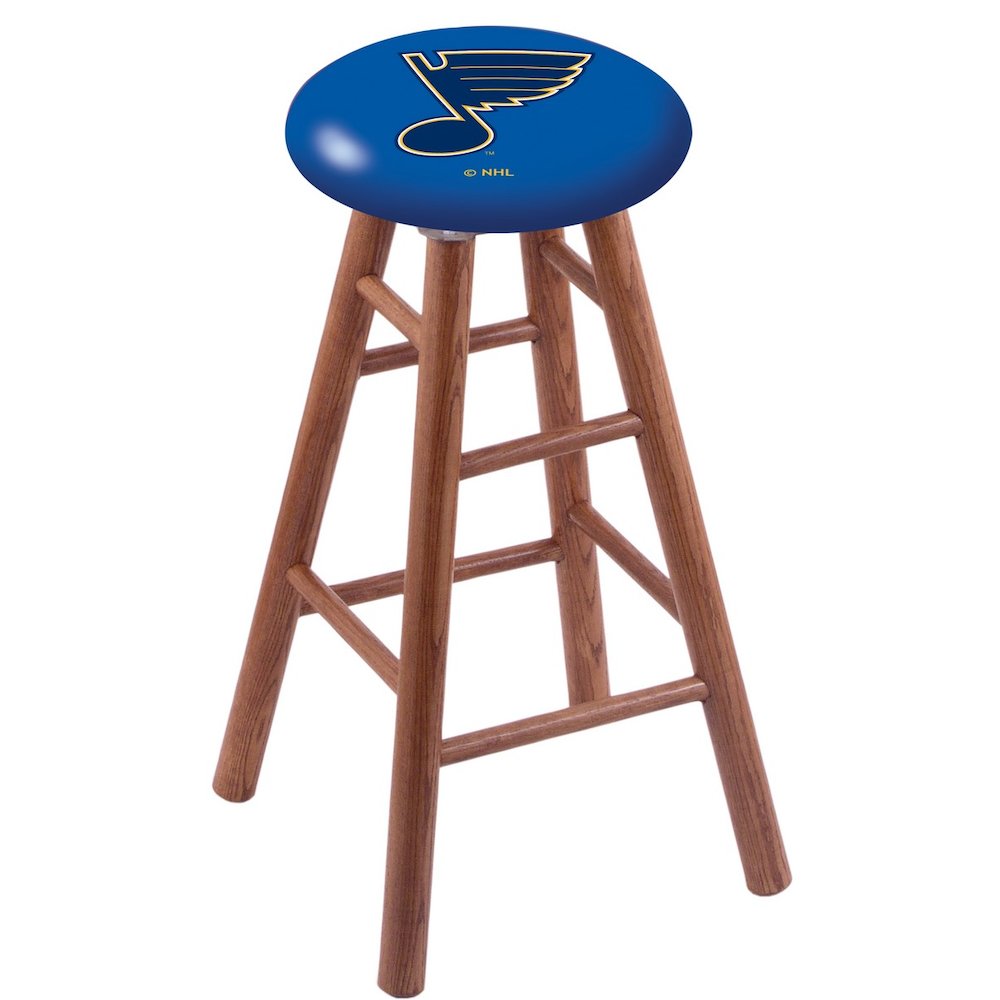 Oak Extra Tall Bar Stool in Medium Finish with St Louis Blues Seat. Picture 1
