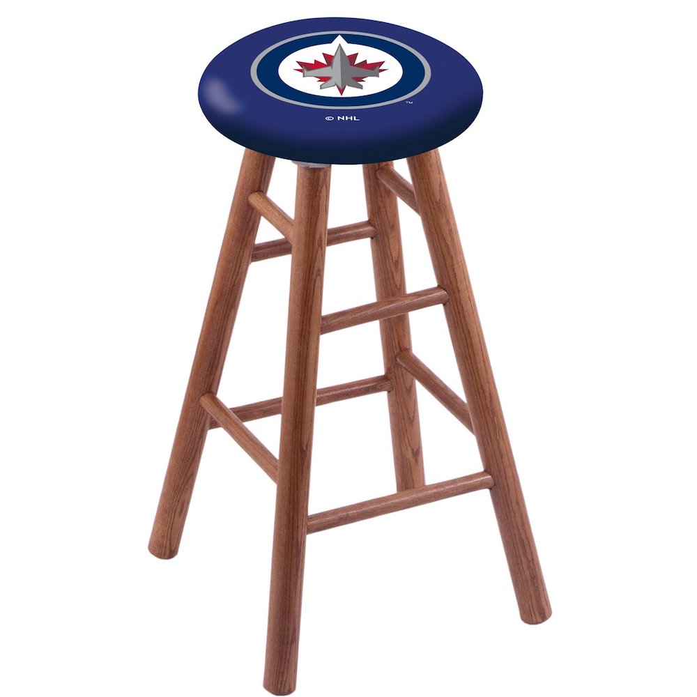 Oak Bar Stool in Medium Finish with Winnipeg Jets Seat. Picture 1