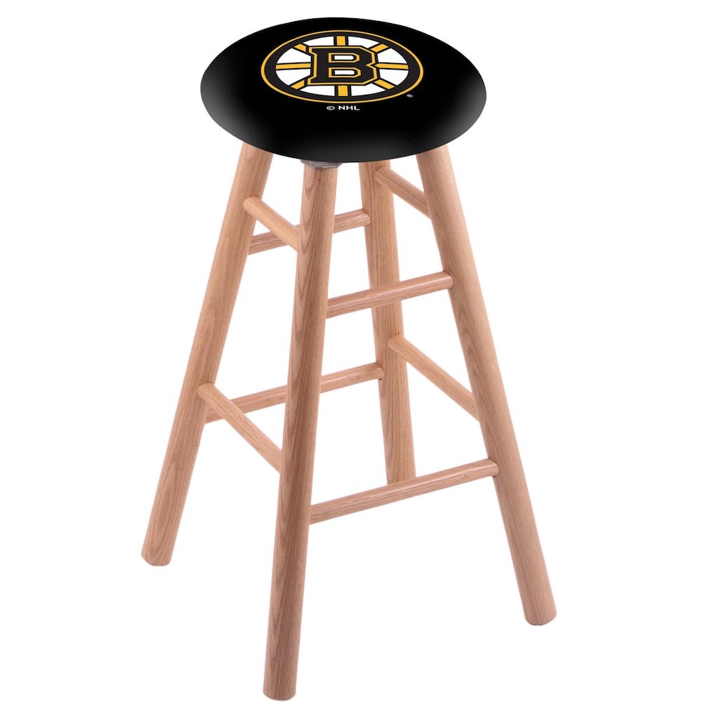 Oak Extra Tall Bar Stool in Natural Finish with Boston Bruins Seat. Picture 1
