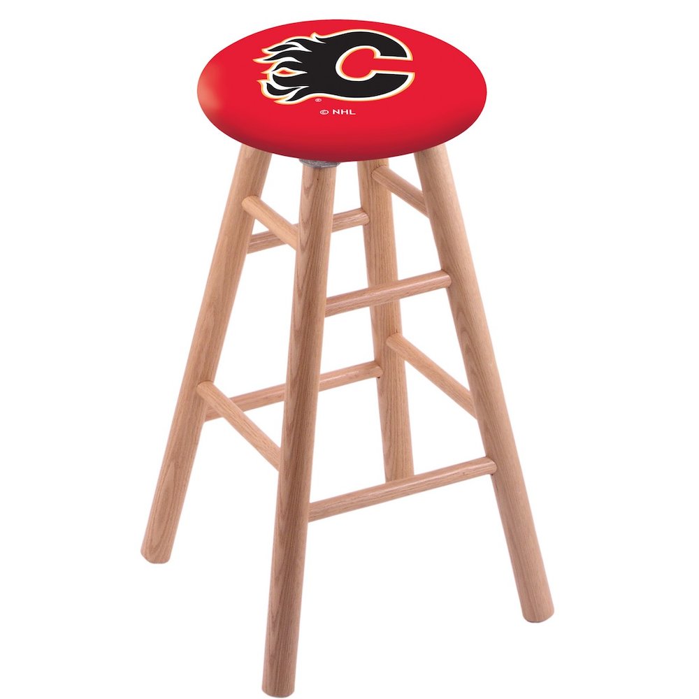 Oak Bar Stool in Natural Finish with Calgary Flames Seat. The main picture.