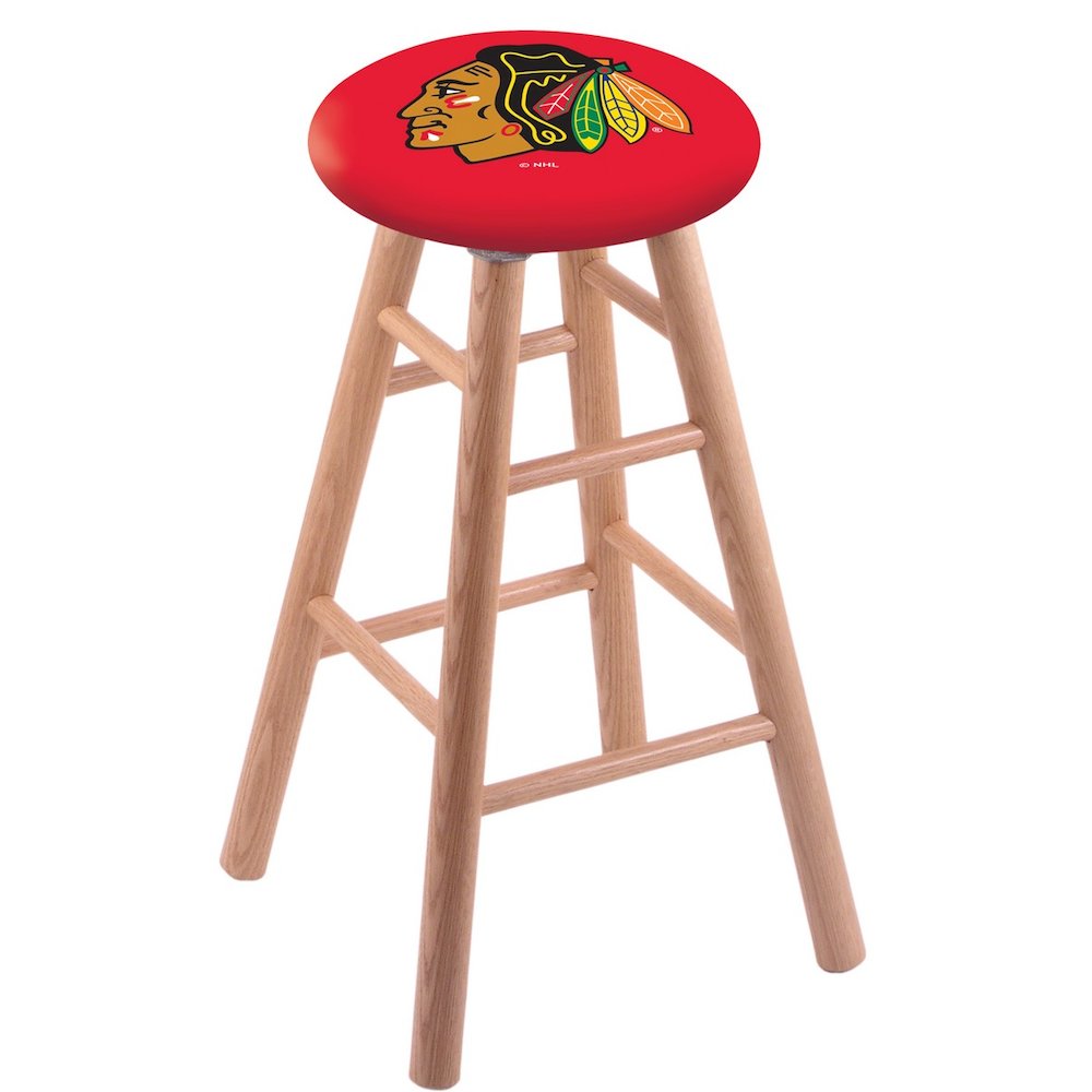 Oak Extra Tall Bar Stool in Natural Finish with Chicago Blackhawks Seat. The main picture.