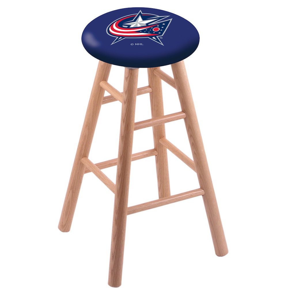 Oak Extra Tall Bar Stool in Natural Finish with Columbus Blue Jackets Seat. Picture 1
