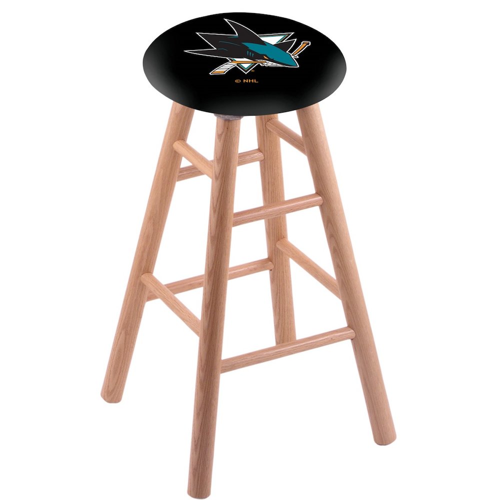 Oak Extra Tall Bar Stool in Natural Finish with San Jose Sharks Seat. The main picture.