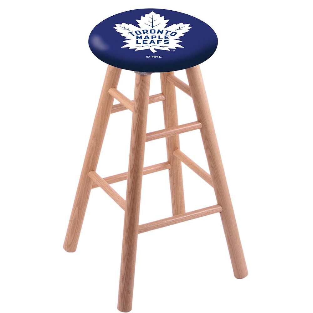 Oak Bar Stool in Natural Finish with Toronto Maple Leafs Seat. Picture 1
