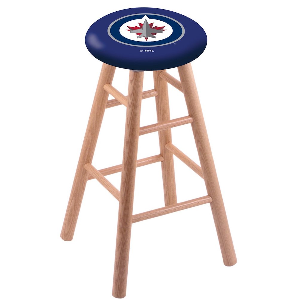 Oak Extra Tall Bar Stool in Natural Finish with Winnipeg Jets Seat. The main picture.