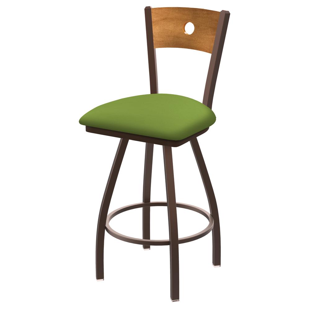 830 Voltaire 36" Swivel Counter Stool with Bronze Finish, Medium Back, and Canter Kiwi Green Seat. Picture 1