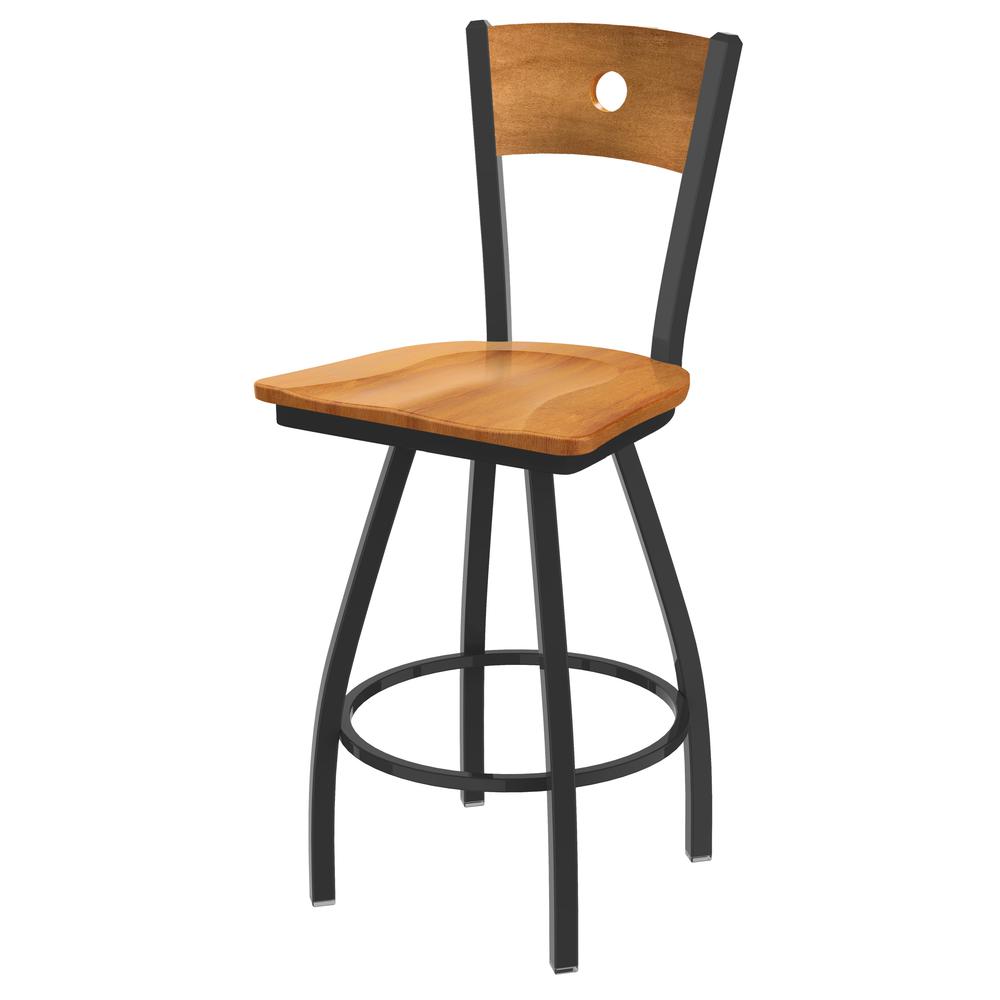 830 Voltaire 36" Swivel Counter Stool with Pewter Finish, Medium Back, and Medium Maple Seat. Picture 1