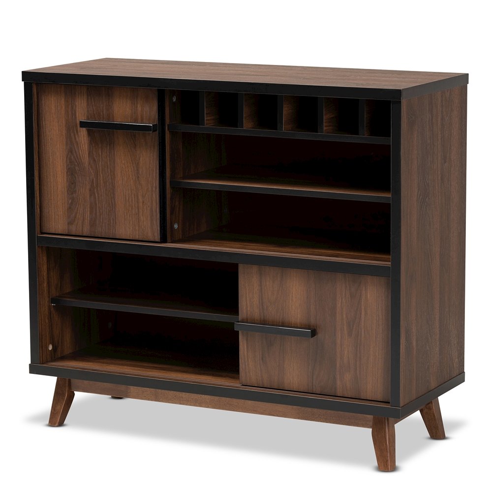 Baxton Studio Margo MidCentury Modern TwoTone Walnut Brown and Black Finished Wood Wine Storage Cabinet. Picture 1