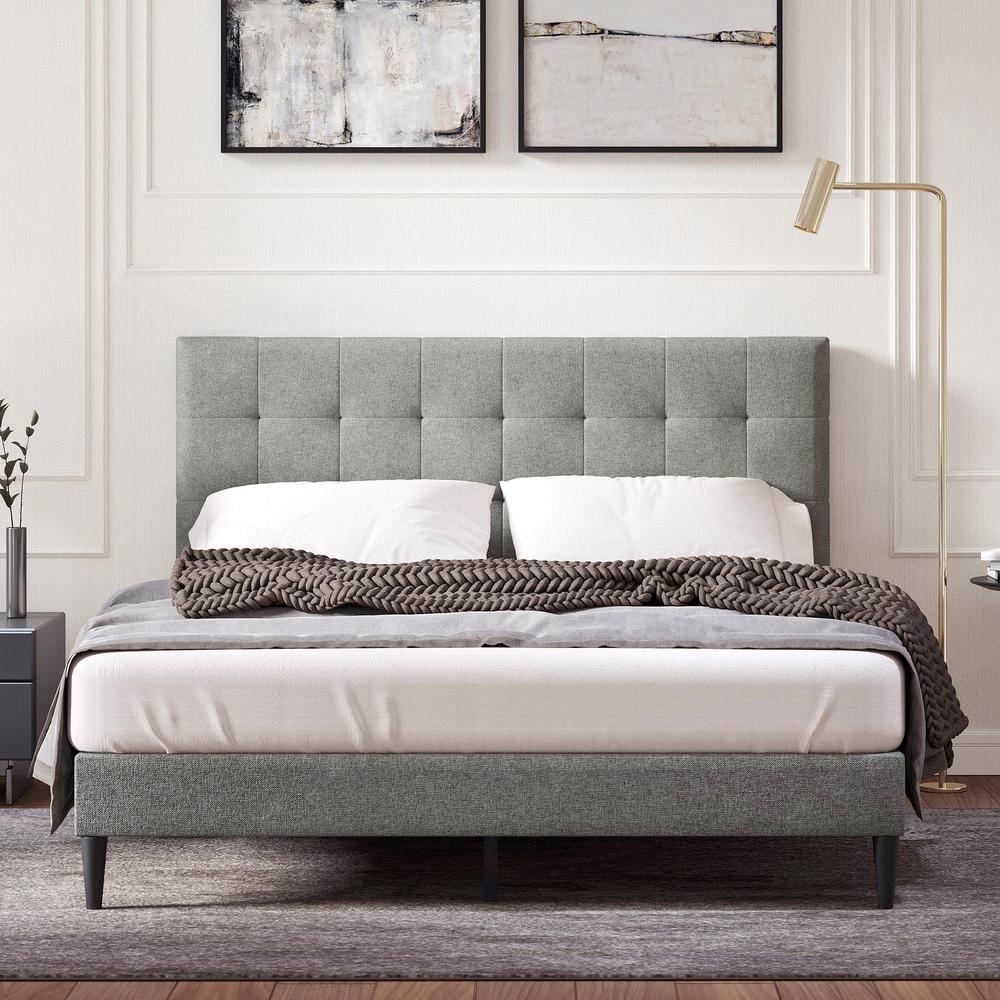 Kaya Upholstered Platform Bed in Stone, Queen. Picture 2
