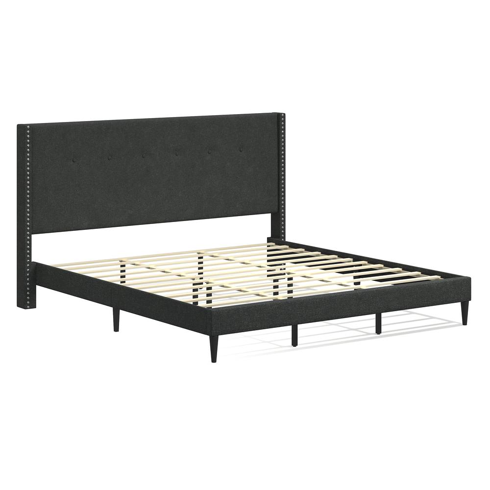 MCM Upholstered Platform Bed, Grey, King. Picture 1