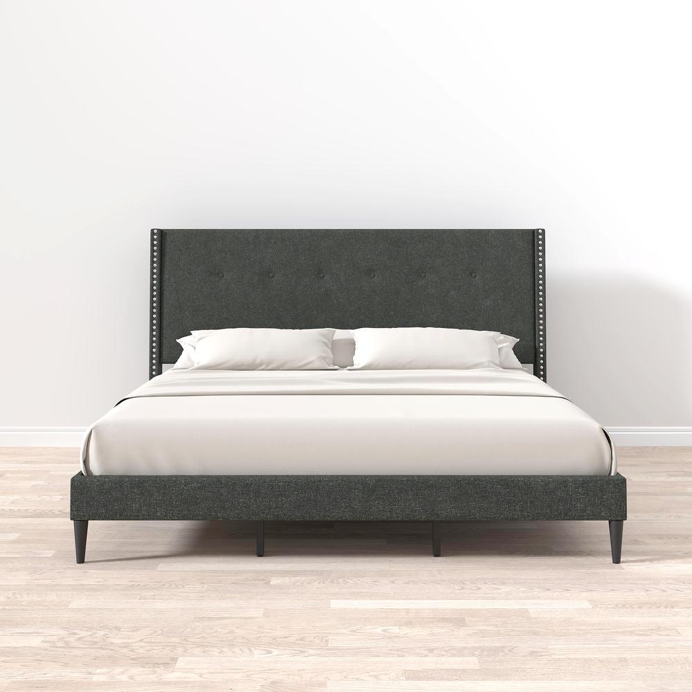 MCM Upholstered Platform Bed, Grey, King. Picture 6