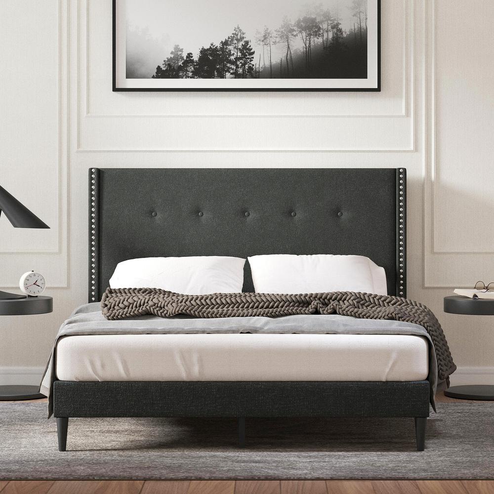 MCM Upholstered Platform Bed, Grey, Queen. Picture 3