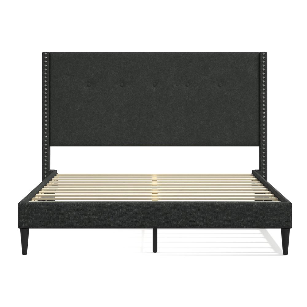 MCM Upholstered Platform Bed, Grey, Queen. Picture 2