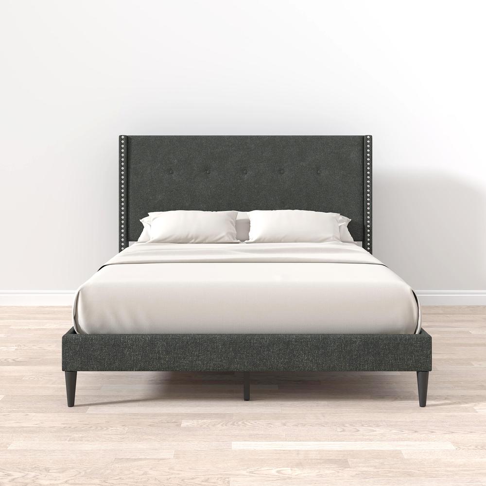 MCM Upholstered Platform Bed, Grey, Queen. Picture 6