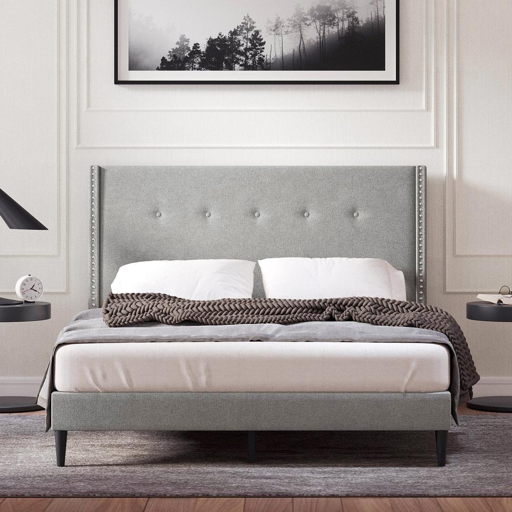 MCM Upholstered Platform Bed, Stone, Queen. Picture 3