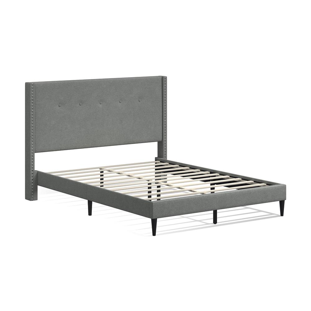 MCM Upholstered Platform Bed, Stone, Queen. Picture 1