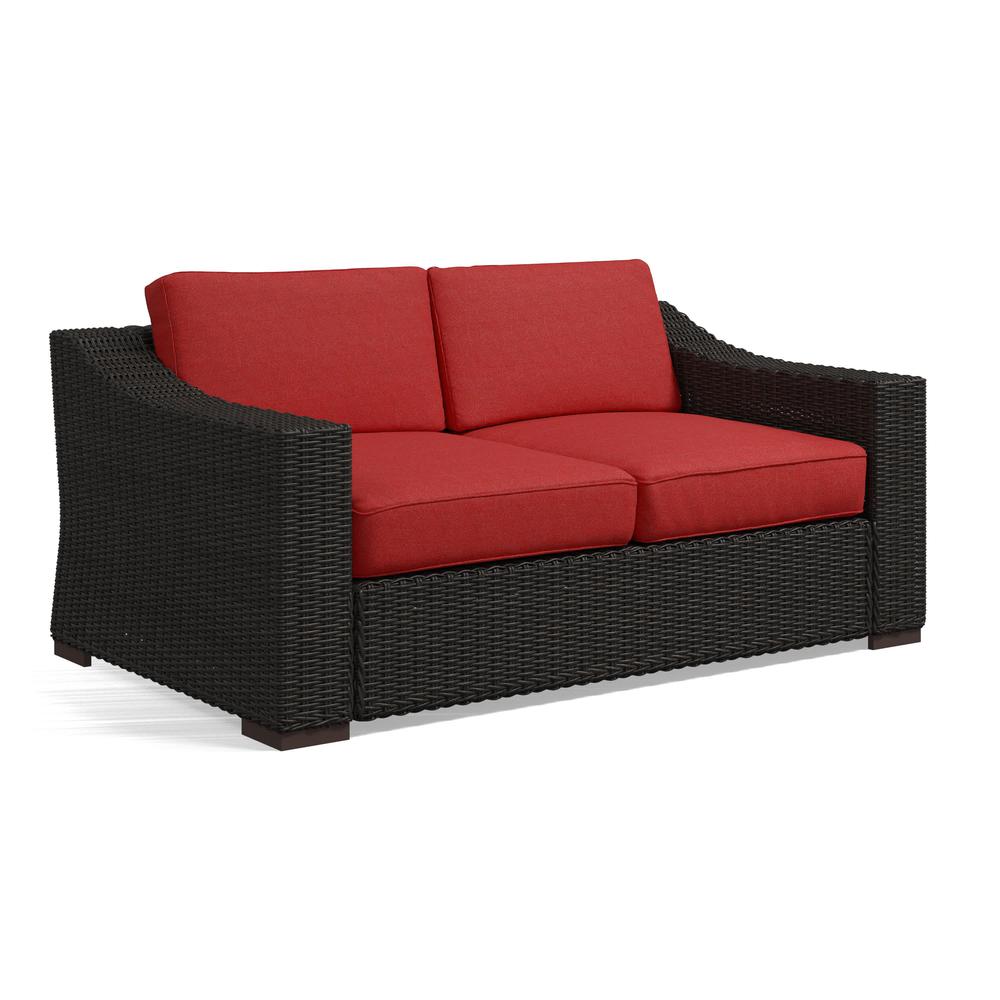 Portland Rattan Loveseat w/ Red Cushions. Picture 1