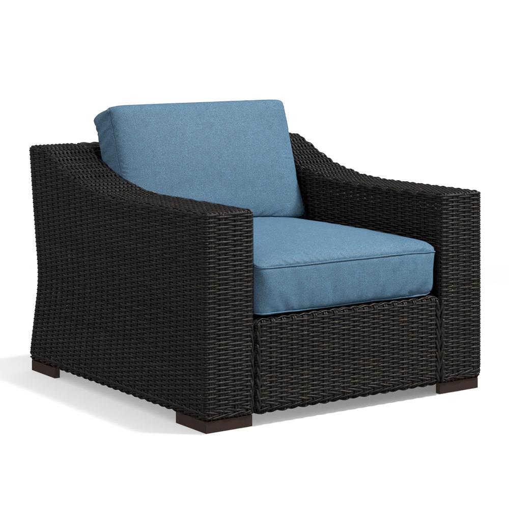 Portland Rattan Arm Chair w/ Blue Cushions. Picture 1