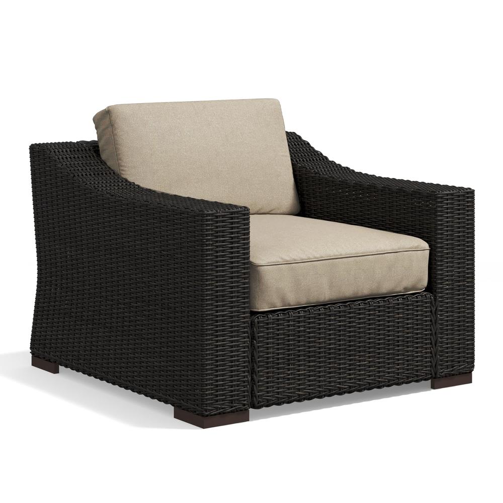 Portland Rattan Arm Chair w/ Tan Cushions. Picture 1