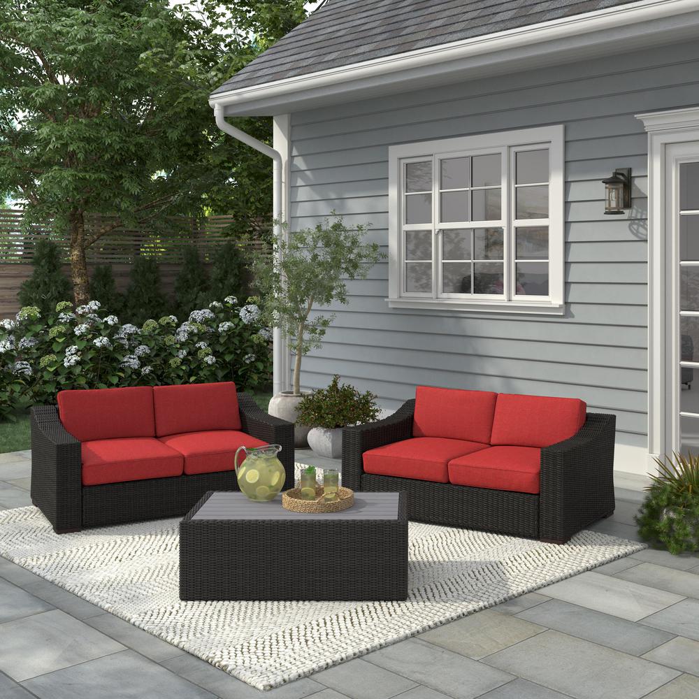 Portland 3-PC Rattan Loveseats Set w/ Rect Coffee Table - Red. Picture 2