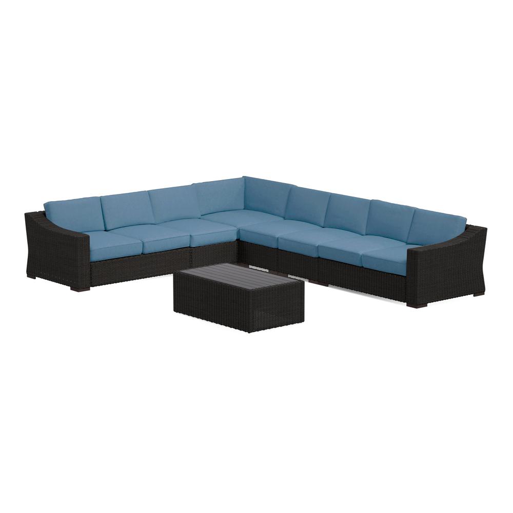 Portland 7-PC Rattan Sectional w/ Rect Coffee Table - Blue. The main picture.