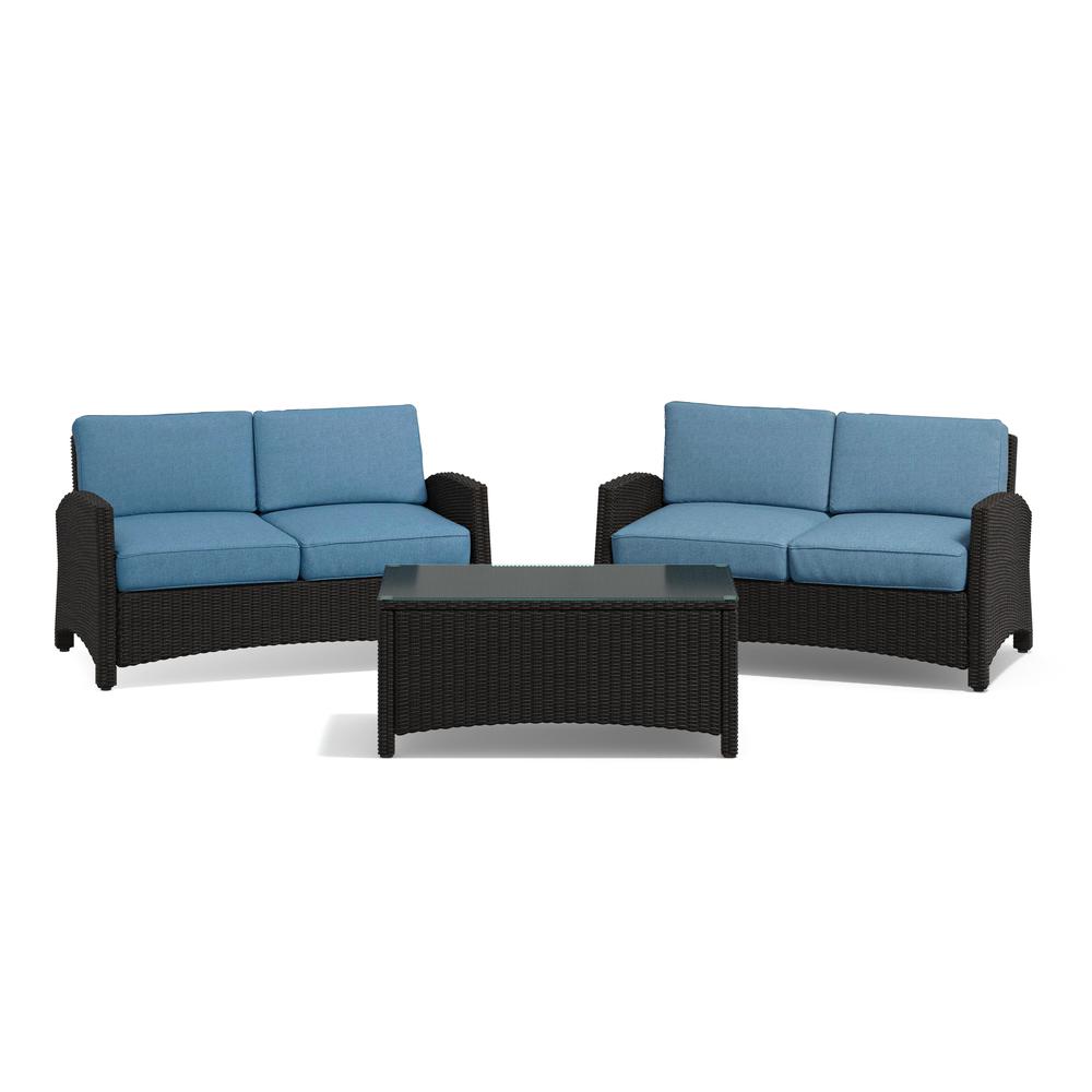Alvory 3-PC Rattan Loveseats w/ Rect Coffee Table - Blue. Picture 1