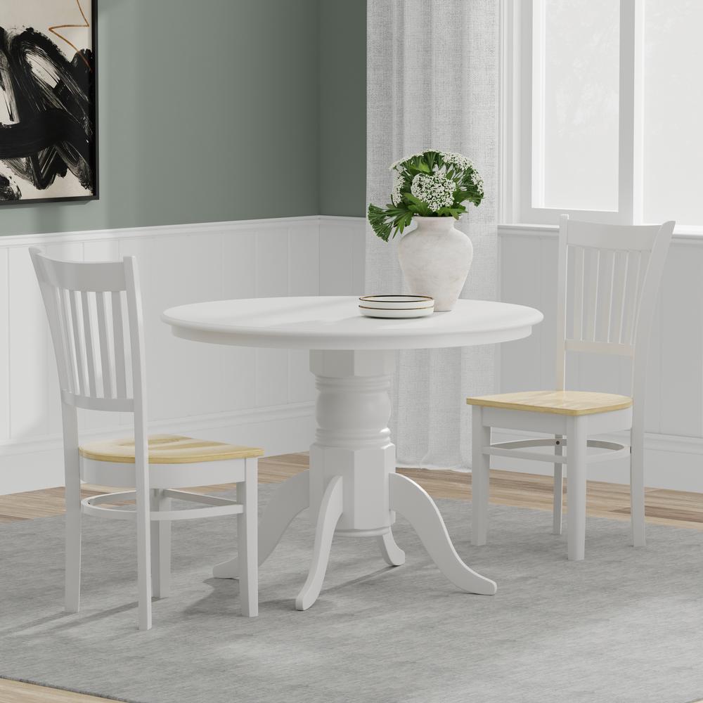3PC Dining Set - 42" Rnd Pedestal Table -Wht + Wht/Nat Spindle Chairs. Picture 1