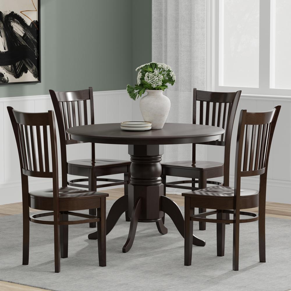 5PC Dining Set - 42" Rnd Pedestal Table + Spindle Chairs - Dark Walnut. Picture 1