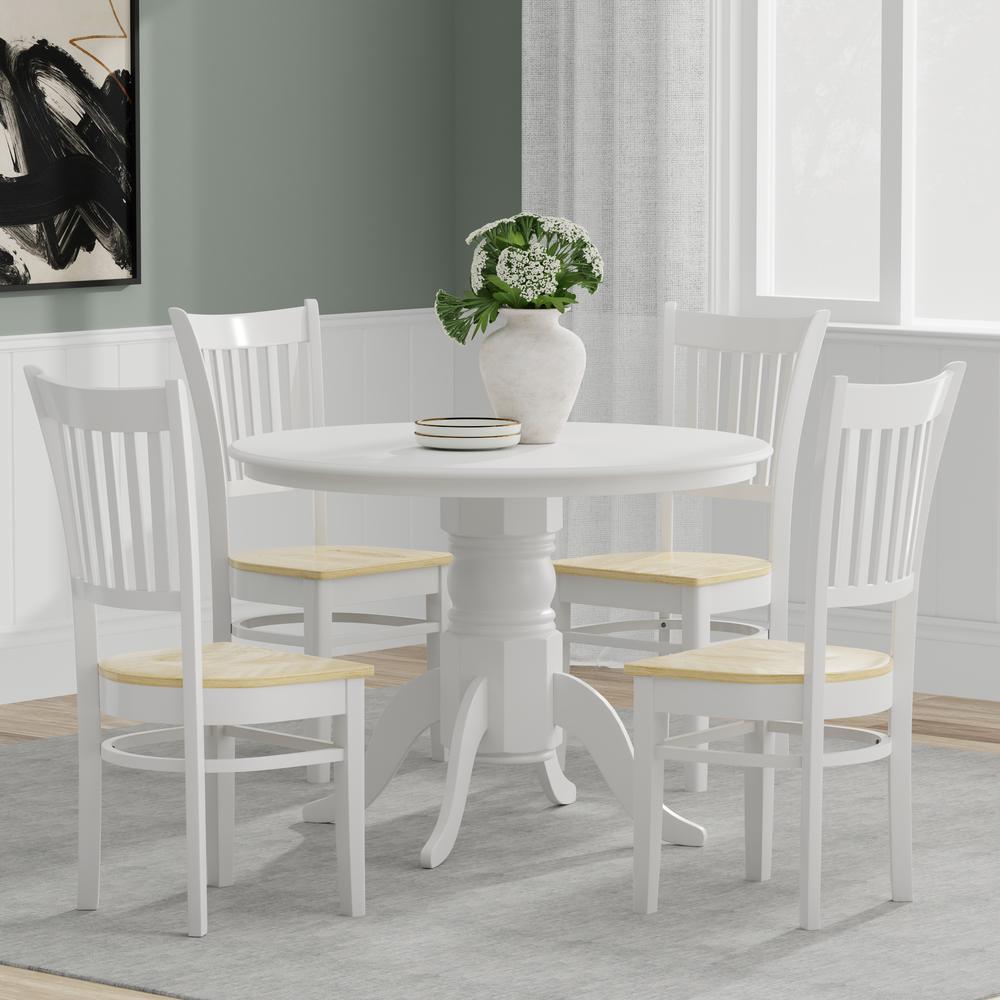 5PC Dining Set - 42" Rnd Pedestal Table -Wht + Wht/Nat Spindle Chairs. Picture 1