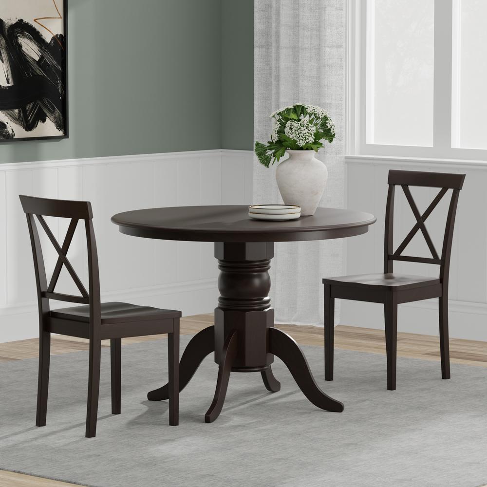 3PC Dining Set - 42" Rnd Pedestal Table + X-Back Chairs - Dark Walnut. Picture 1