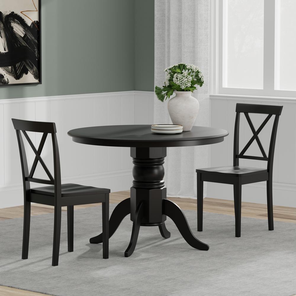3PC Dining Set - 42" Rnd Pedestal Table + X-Back Chairs -Blk. Picture 1