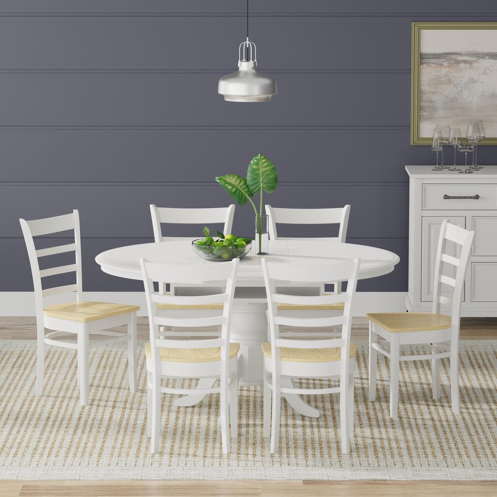 7PC Dining Set - Oval Butterfly Leaf Table -Wht + Wht/Nat Slat Back Chairs. Picture 1